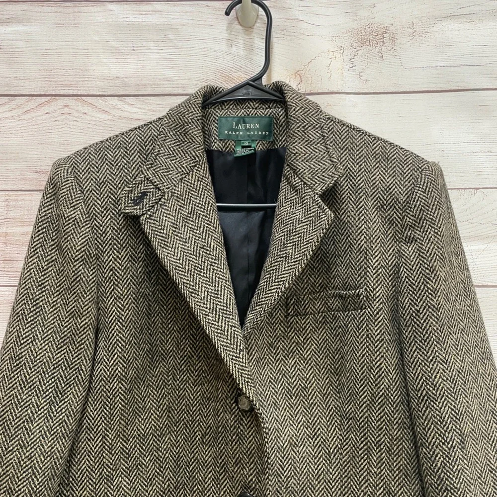 VINTAGE LAUREN RALPH LAUREN TWEED EQUESTRIAN 100% WOOL BLAZER IN HERRINGBONE - Picture 3 of 9